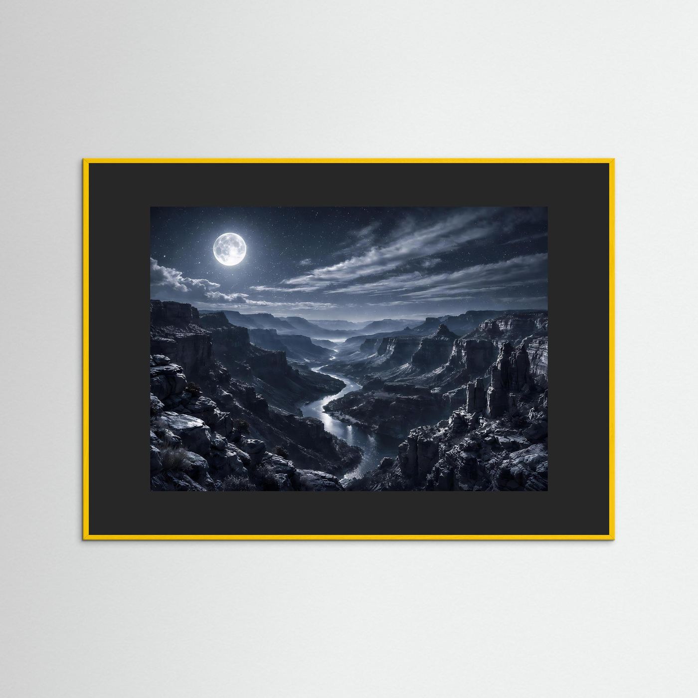 Wandbild mit Mond über Canyon, dunkler Mattrahmen in Gelb