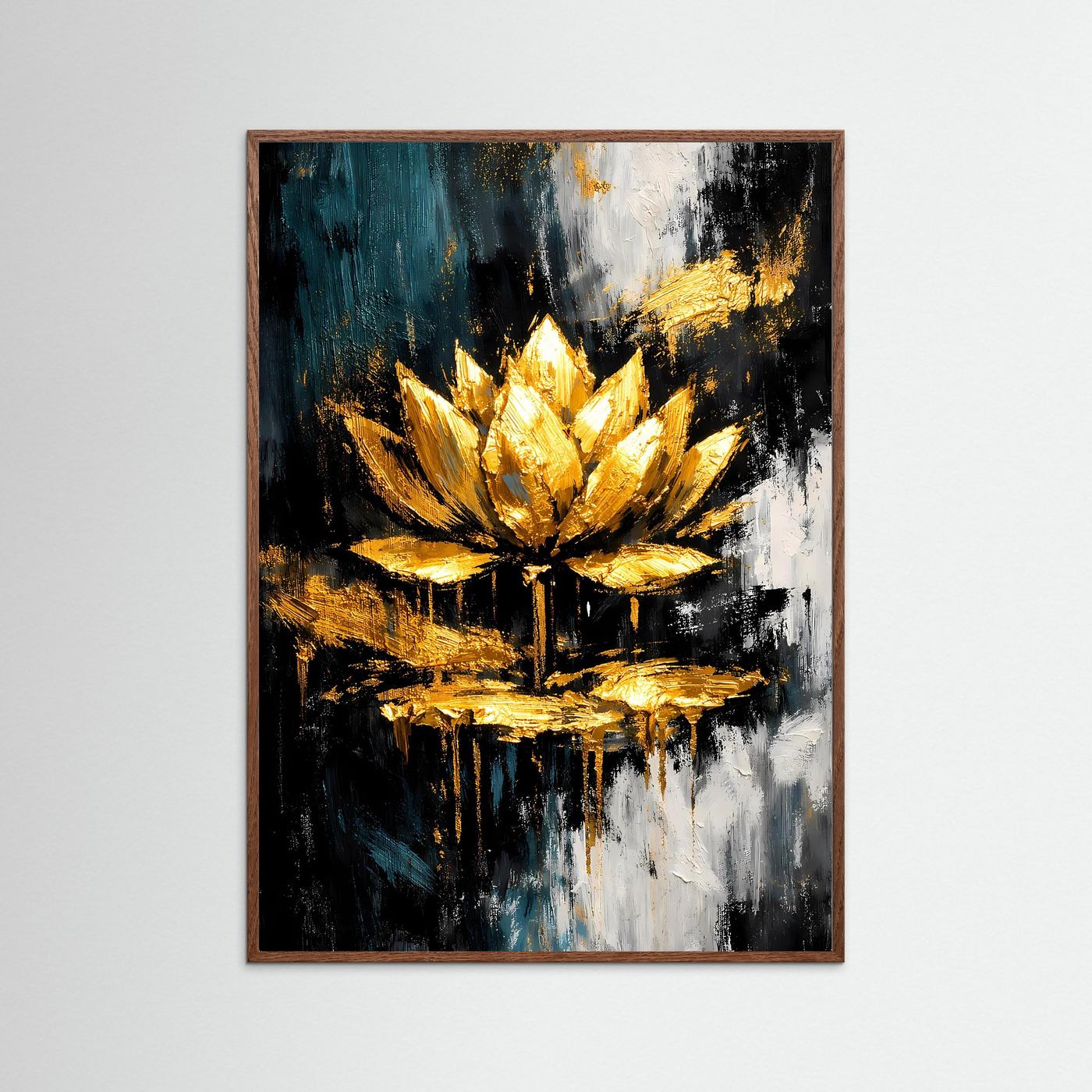 Abstraktes Lotusposter mit goldenen Blüten, Teal- und schwarz-weißer Farbfläche im braunen Rahmen