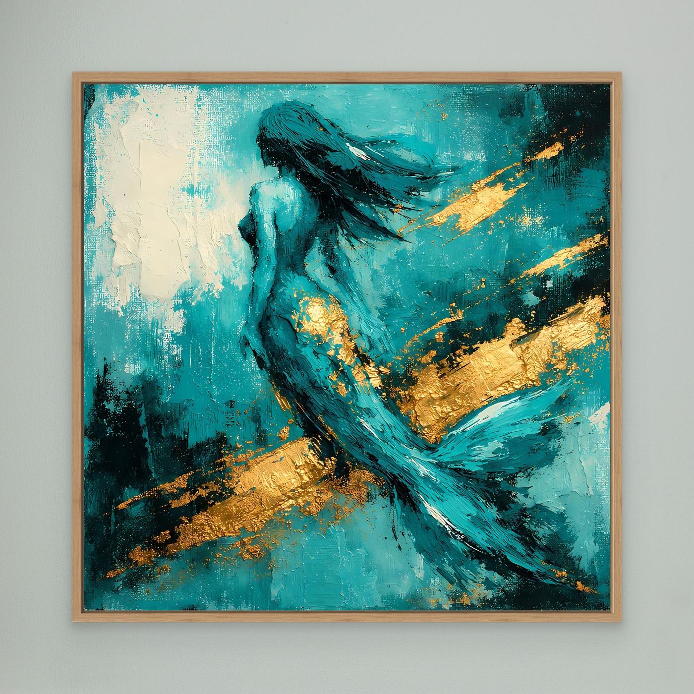 Leinwand Elegante Meerjungfrau in Türkis | Abstraktes Nixen Wandbild Gold Blau