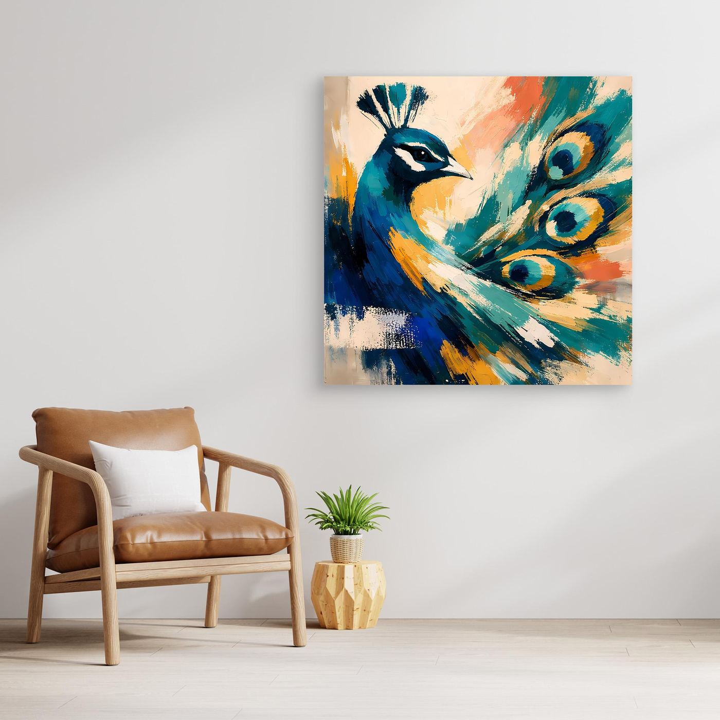 Abstract peacock wall canvas with blue and teal feather plume and gold accents