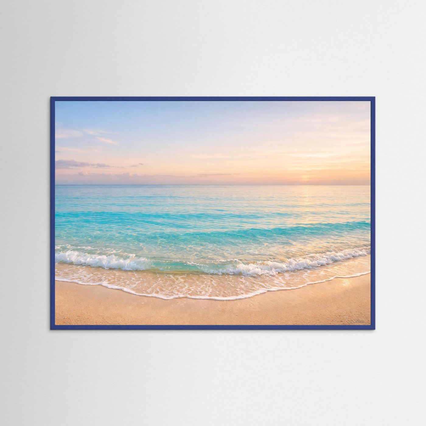 Poster mit Strand- und Meerbild im Querformat, blauer Rahmen