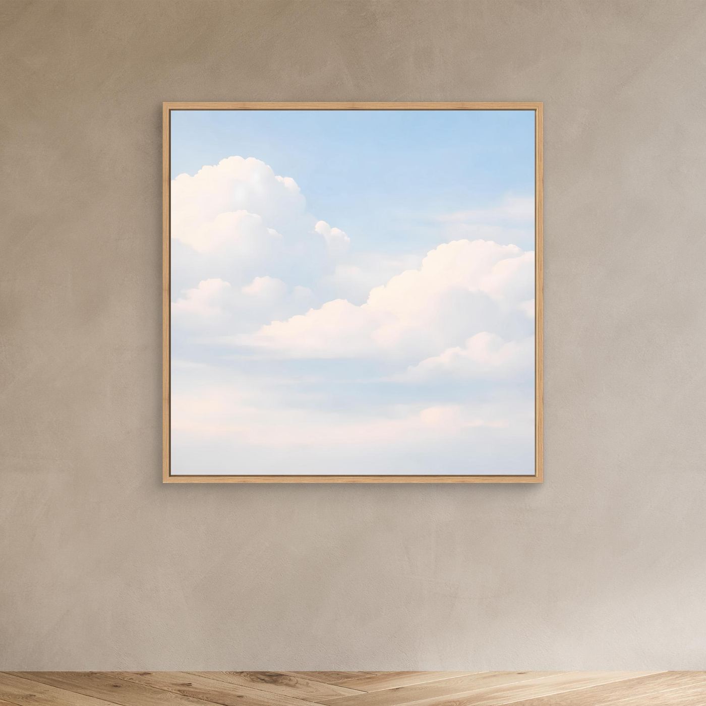 Quadratisches Leinwandbild mit pastellfarbenen Wolken am hellblauen Himmel, Eichenrahmen