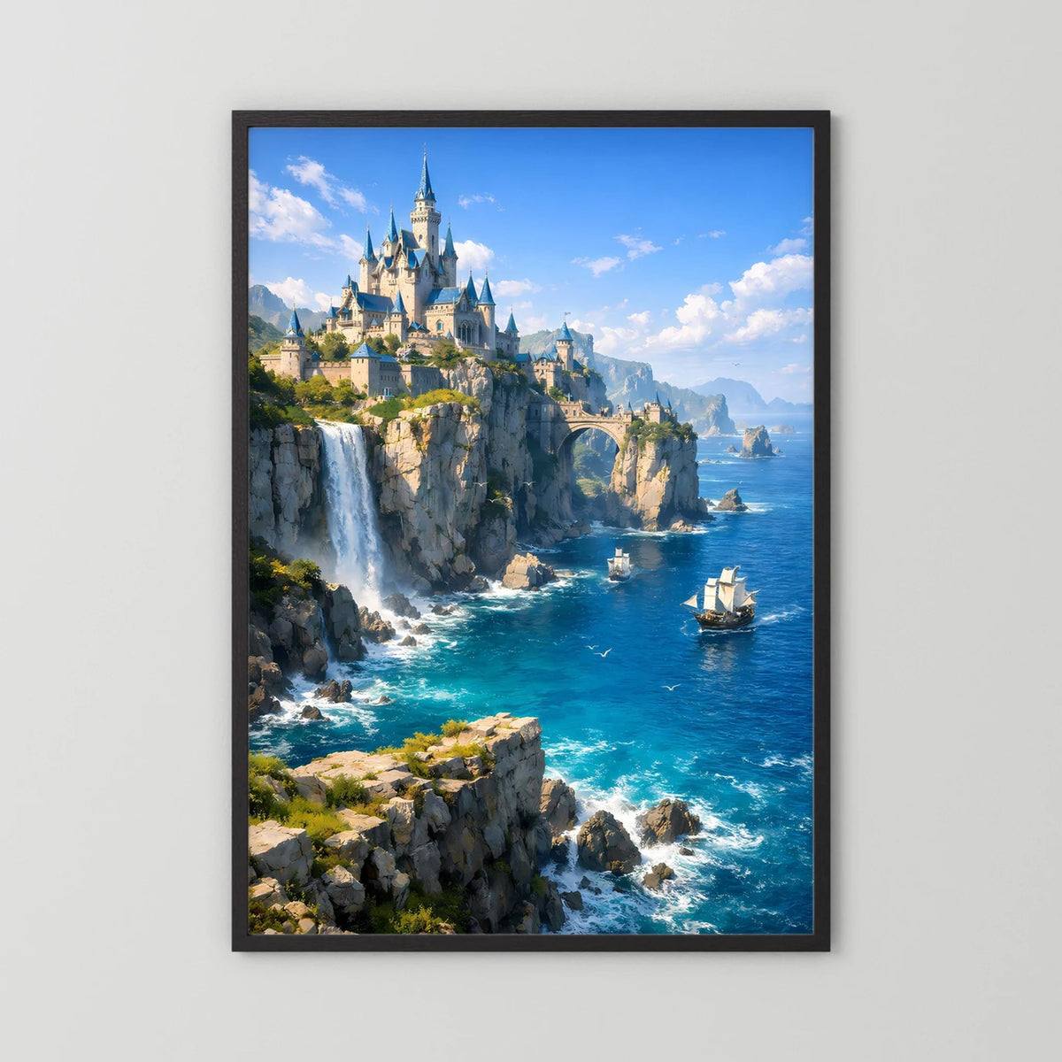 Poster im Hochformat mit schwarzem Holzrahmen und Küstenschloss an den Klippen