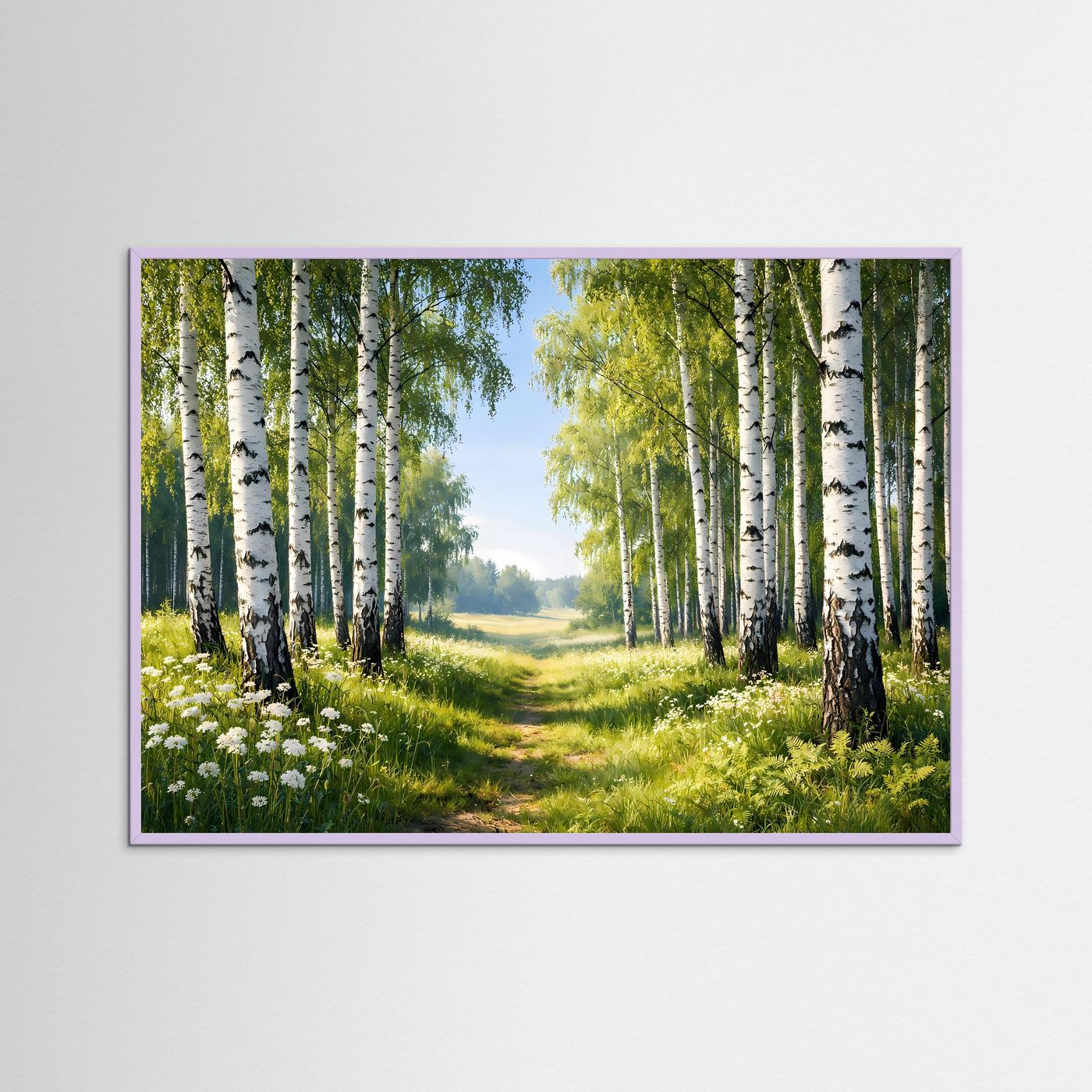 Naturposter mit Birkenwald und Wiesenweg im lila Rahmen, querformat