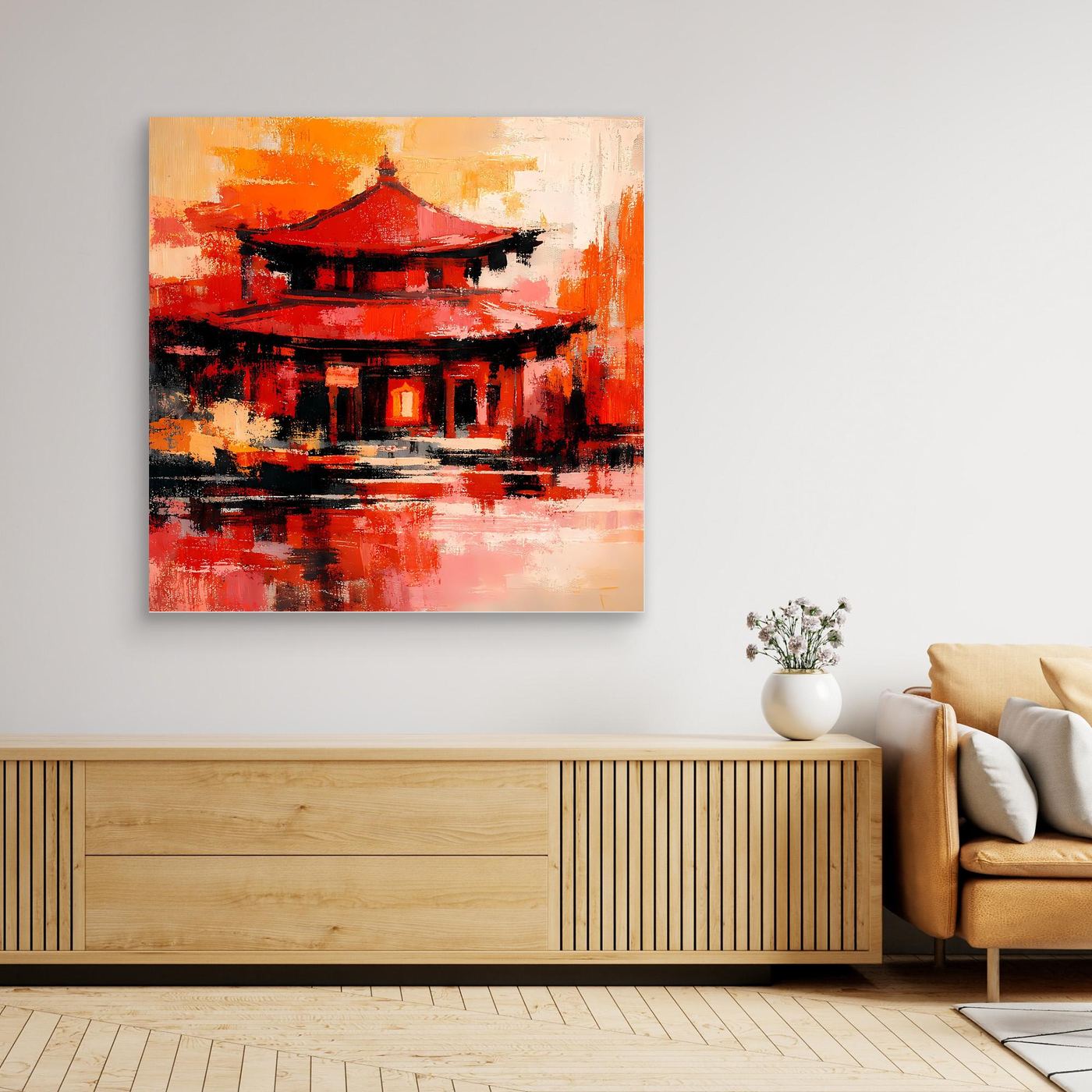 Leinwandbild mit roter Pagode und Tempel, abstraktes Farbenspiel in Orange/Rot