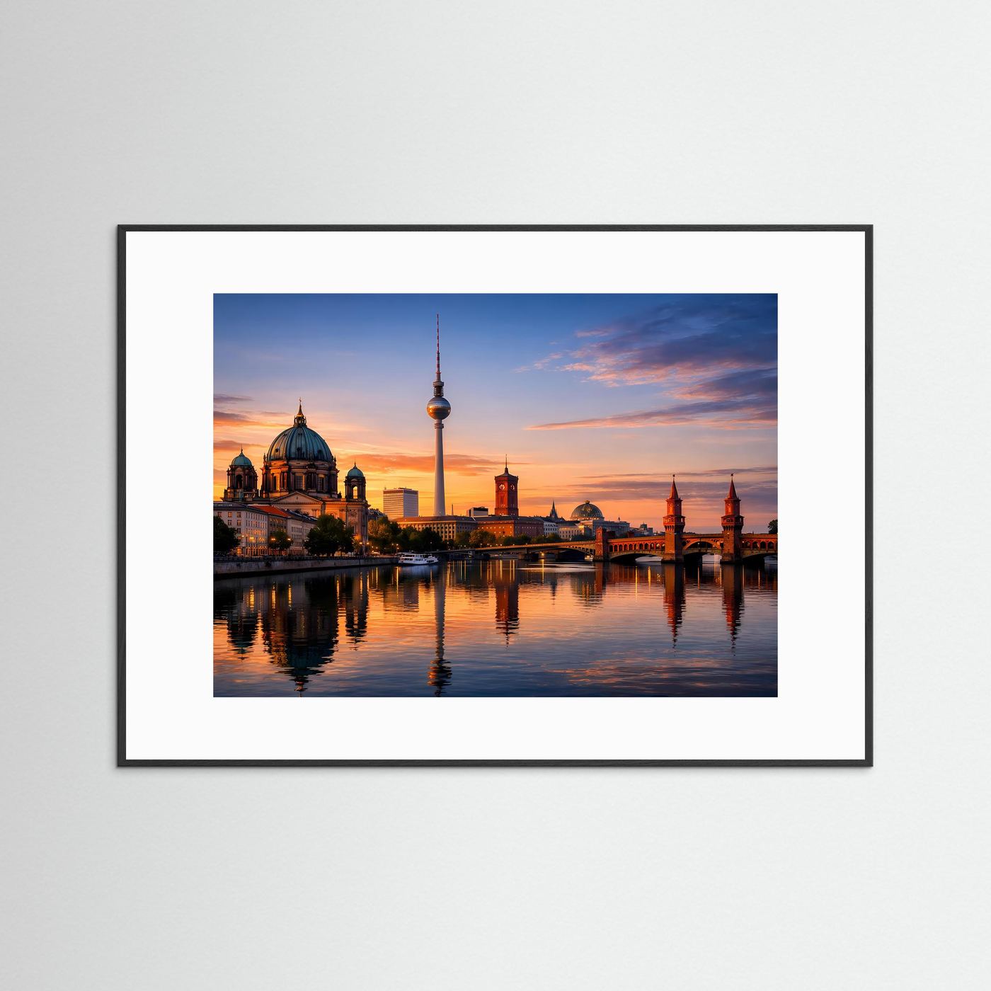 Querformat-Panorama-Poster: Berliner Skyline mit Fernsehturm & Dom im Sonnenuntergang, schwarz gerahmt.