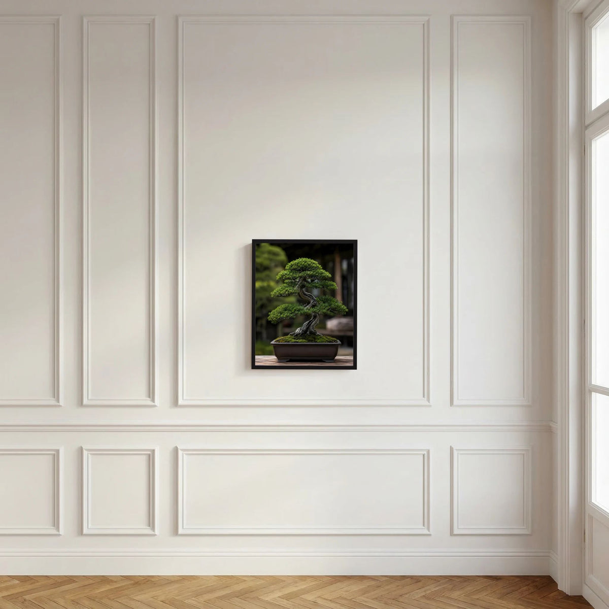 Vertikales Bonsai-Poster mit grünem Baum und Schale, im schwarzen Rahmen