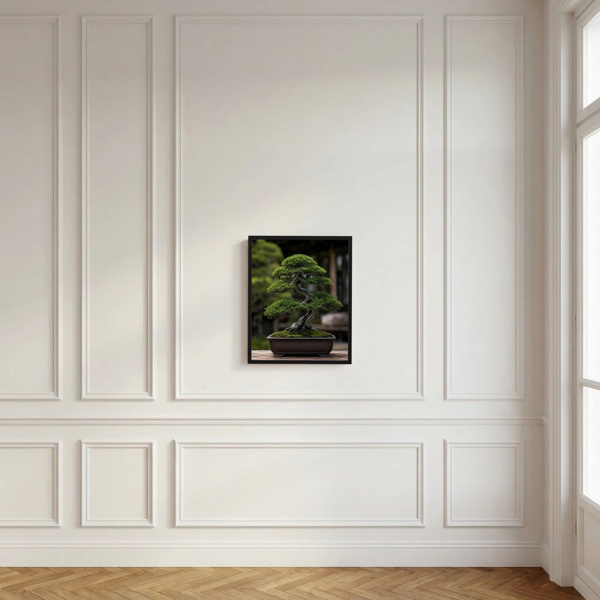 Vertikales Bonsai-Poster mit grünem Baum und Schale, im schwarzen Rahmen
