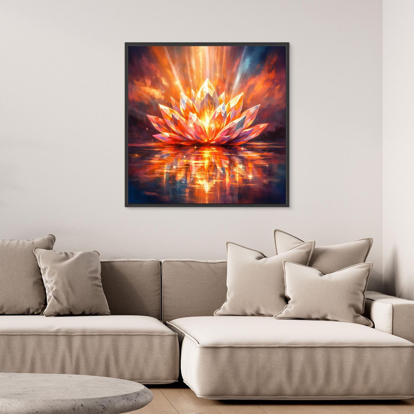 Gerahmtes Leinwandbild mit Lotusblüte, leuchtende Farbexplosion in Orange und Blau, schwarzer Rahmen