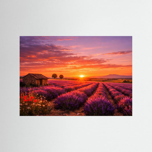Poster im Querformat mit Lavendelfeld und Steinhütte bei Sonnenuntergang