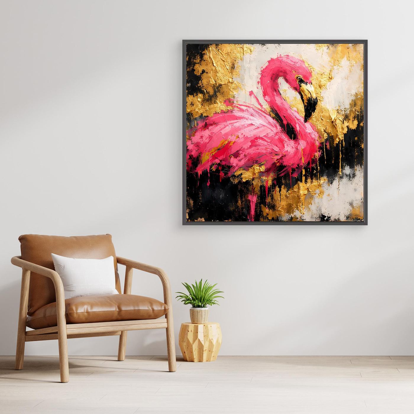 Leinwand Eleganter Flamingo in Pink und Gold | Abstraktes Modernes Tier Wandbild