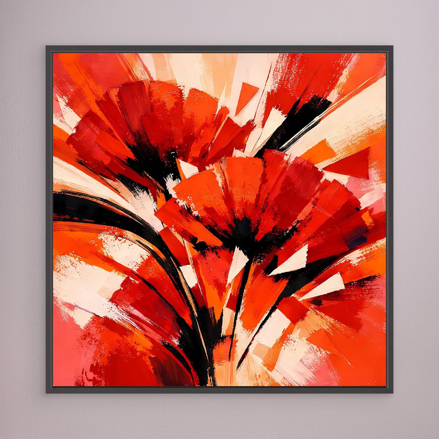 Leinwandbild mit abstraktem Mohnmotiv in Rot und Orange, schwarz gerahmt