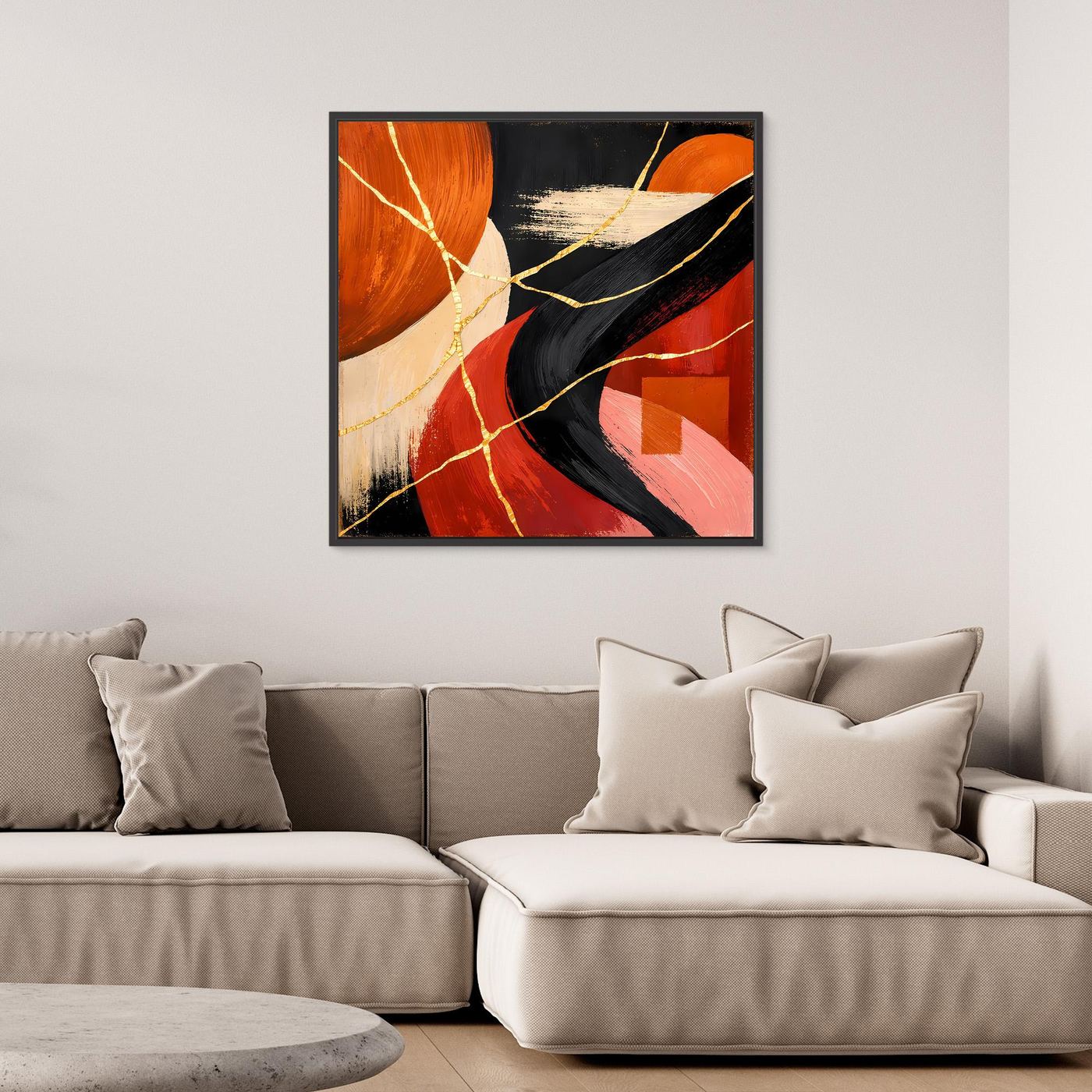 Abstraktes Leinwand-Wandbild mit Kintsugi-Goldlinien und schwarzer Umrandung, Rot/Schwarz
