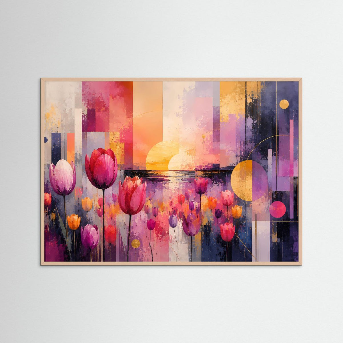 Abstraktes Tulpenfeld-Poster im rosafarbenen Holzrahmen, Querformat, Tulpen in Pink und Violett