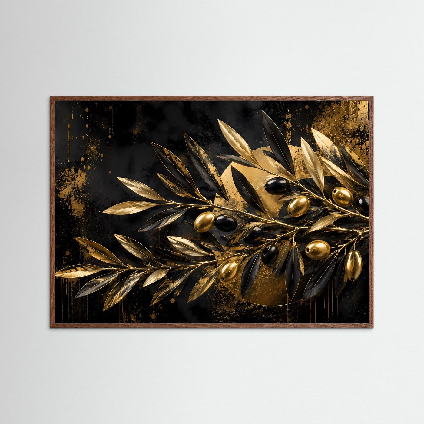 Abstraktes Poster mit goldenem Olivenzweig auf dunklem Hintergrund im dunklen Holzrahmen