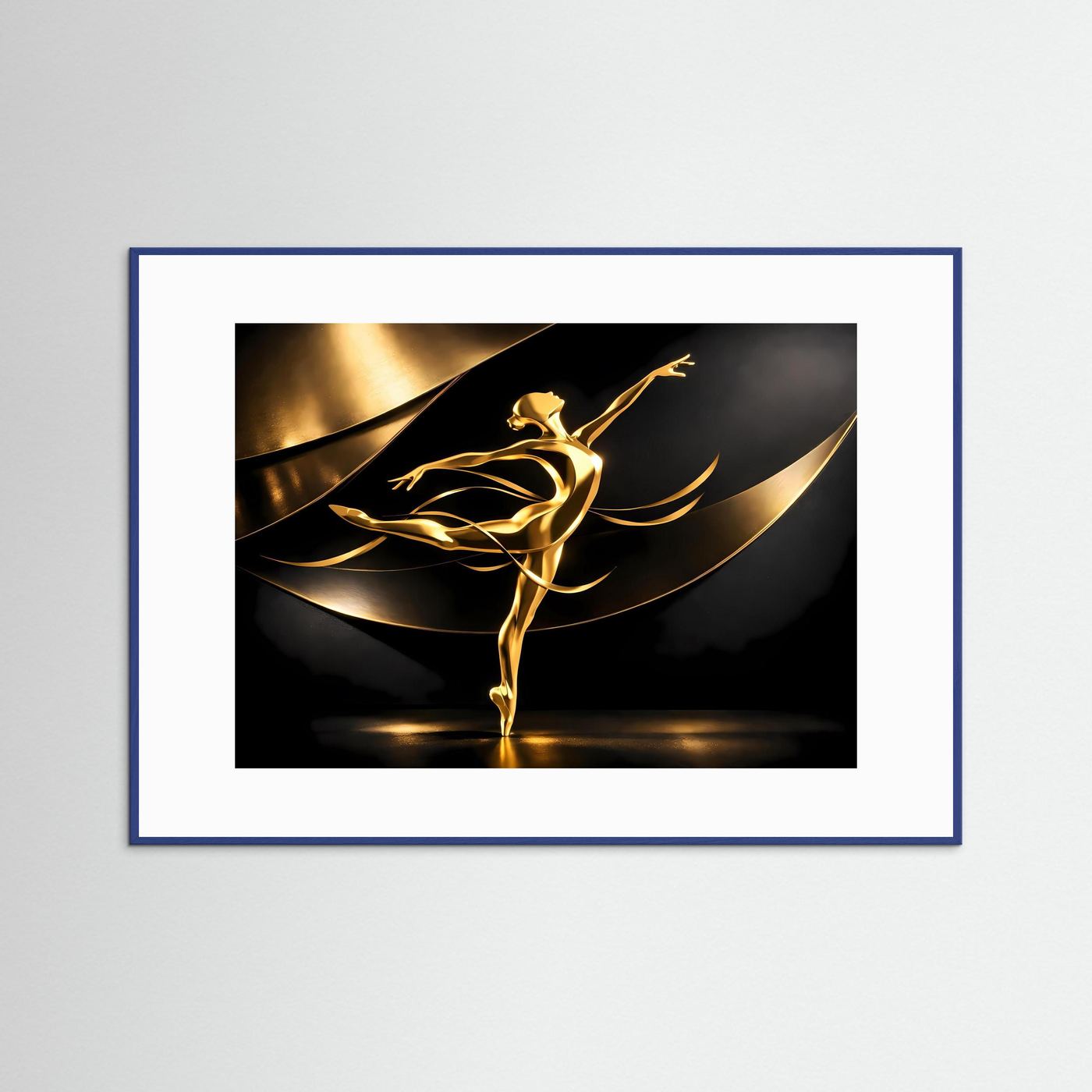 Goldenes Ballerina-Wandbild mit abstrakten Linien, im blauen Rahmen