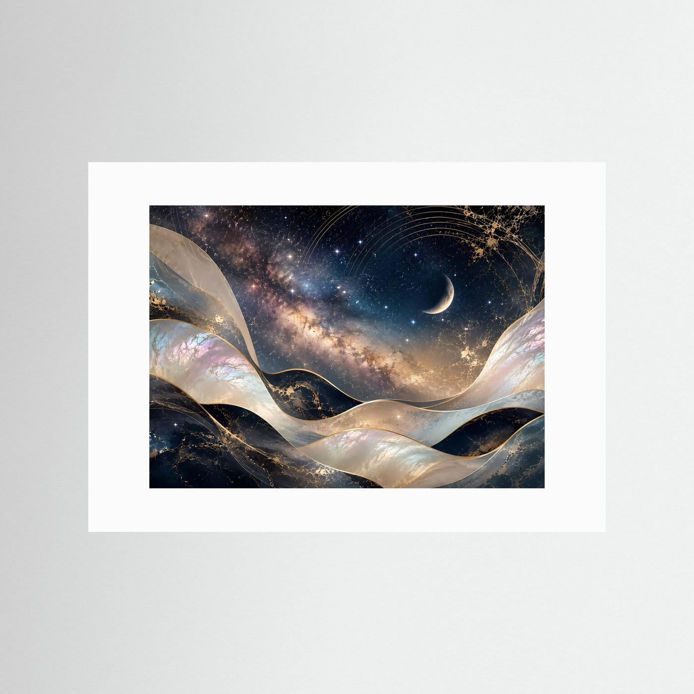 Poster Querformat mit weißem Passepartout: Galaxie, Mond und goldene Wellen auf Nachtblau