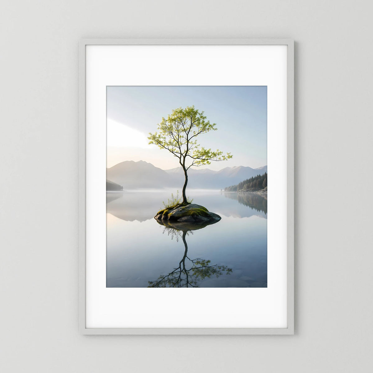 Hochformat-Poster mit weißem Rahmen und Mattenrand: Baum auf Felsen, See-Spiegelung