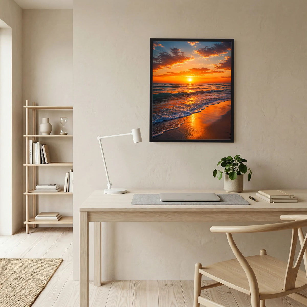 Wandposter im Hochformat, dunkel gerahmt, Strand-Sonnenuntergang mit orangefarbenem Himmel