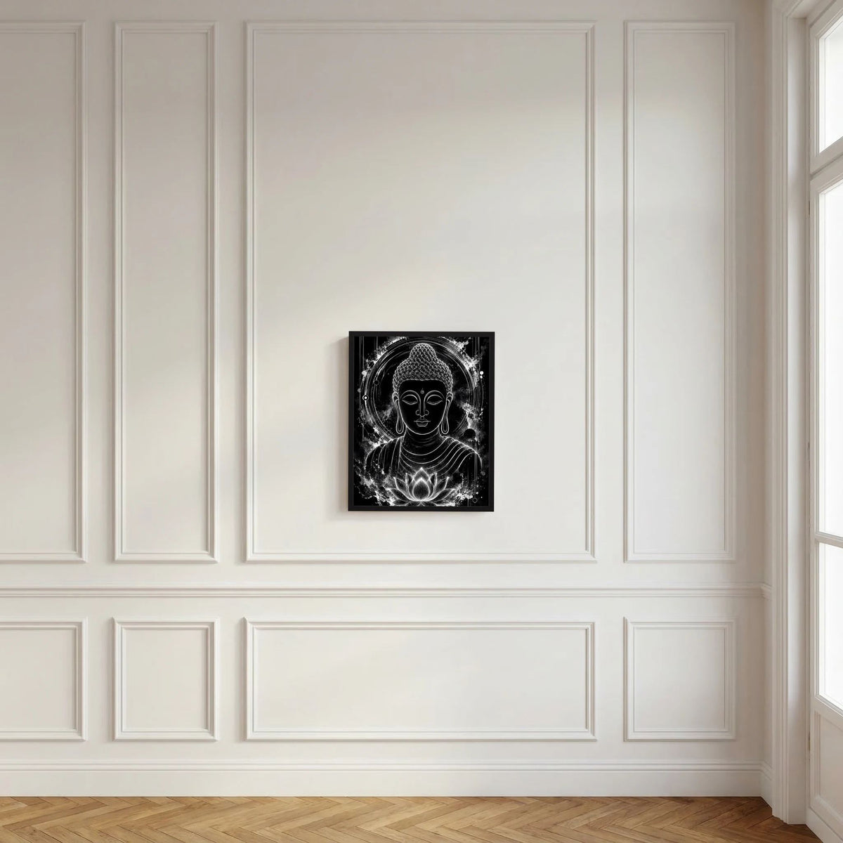 Gerahmtes Schwarz-weiß-Poster mit Buddha-Kopf, Aura-Ringen und Lotuslinien