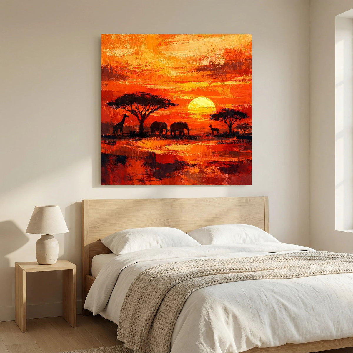 Leinwand-Wandbild Afrikanische Savanne: gelber Sonnenball, schwarze Bäume und Tierherde im Schatten