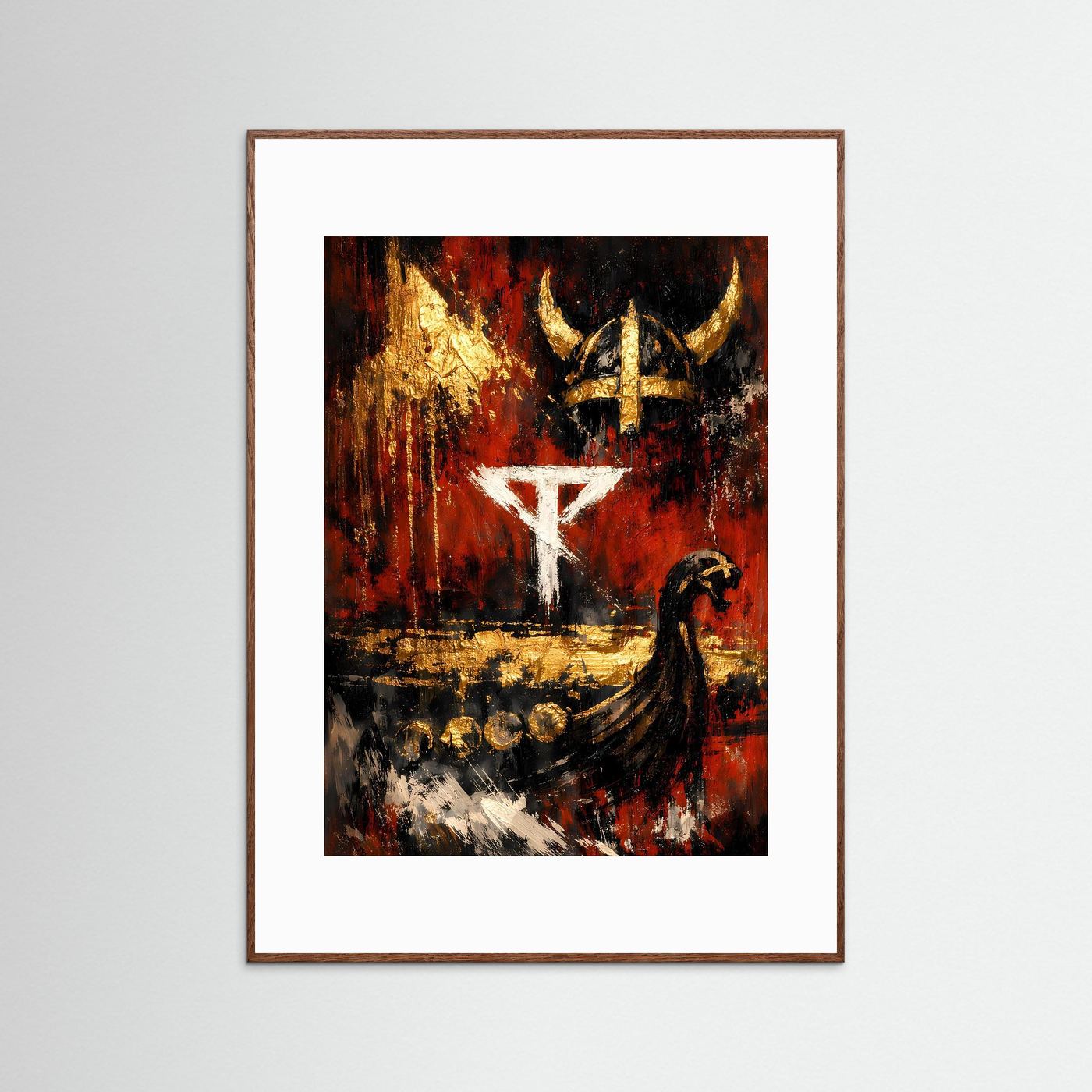 Vikinger-Kunstposter im Hochformat mit rotem, schwarzem und goldenem Motiv, brauner Rahmen