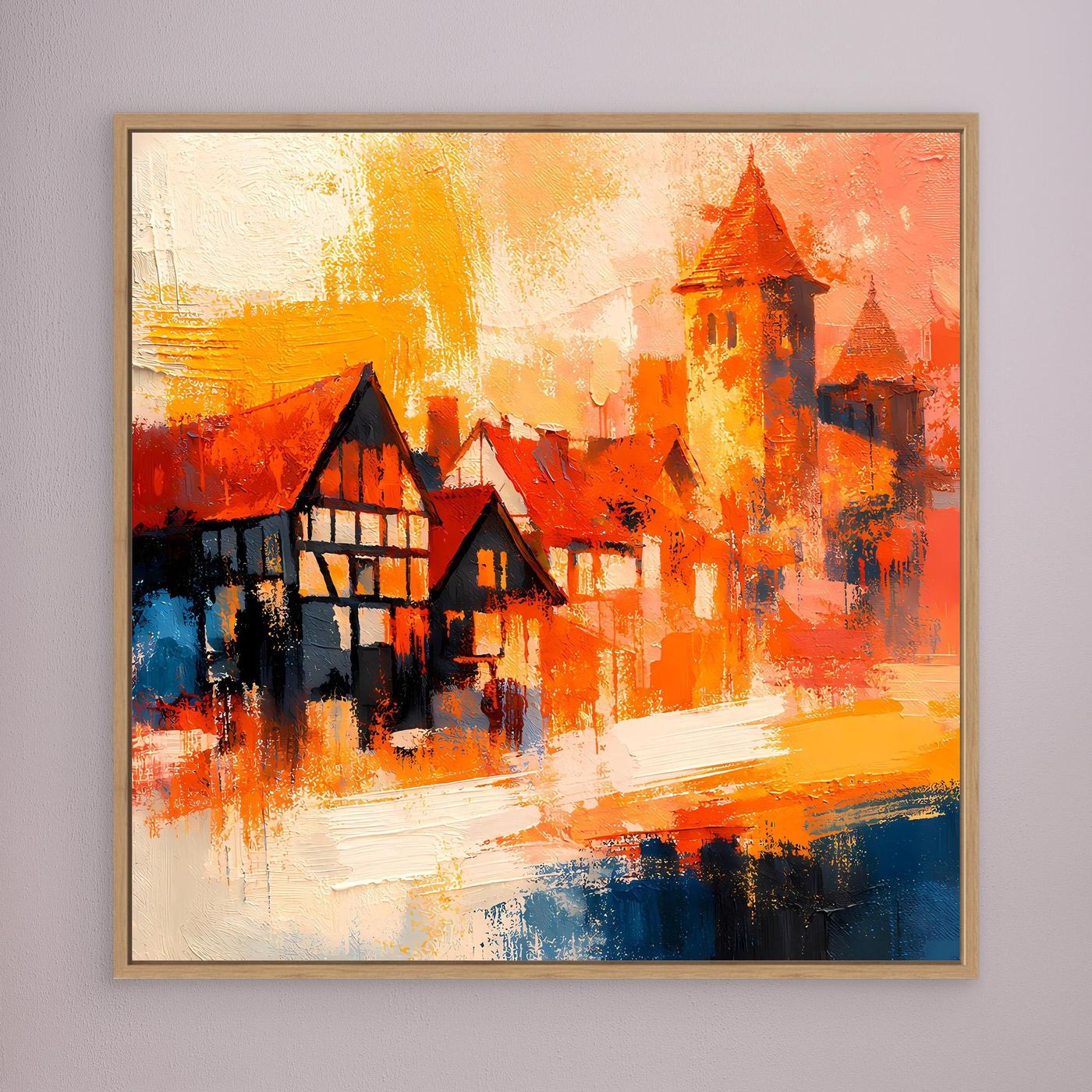 Premium Leinwand Romantische Altstadt im Farbenrausch | Modernes Fachwerk Wandbild abstrakt