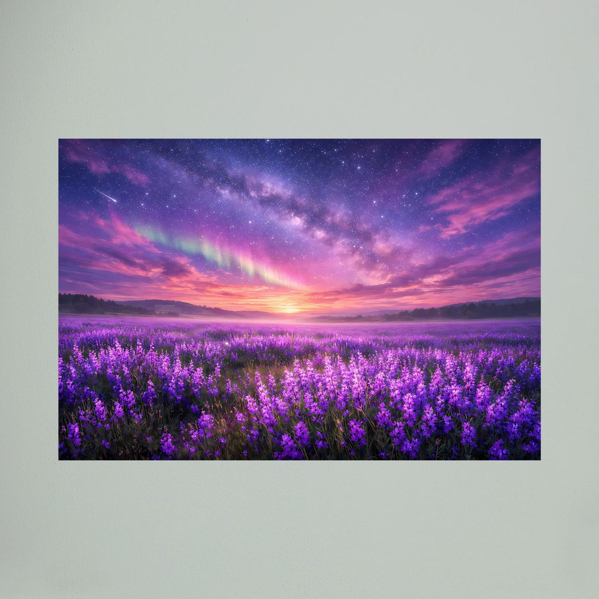 Großes Querformat-Wandbild mit Lavendelfeld unter Sternenhimmel bei Sonnenuntergang