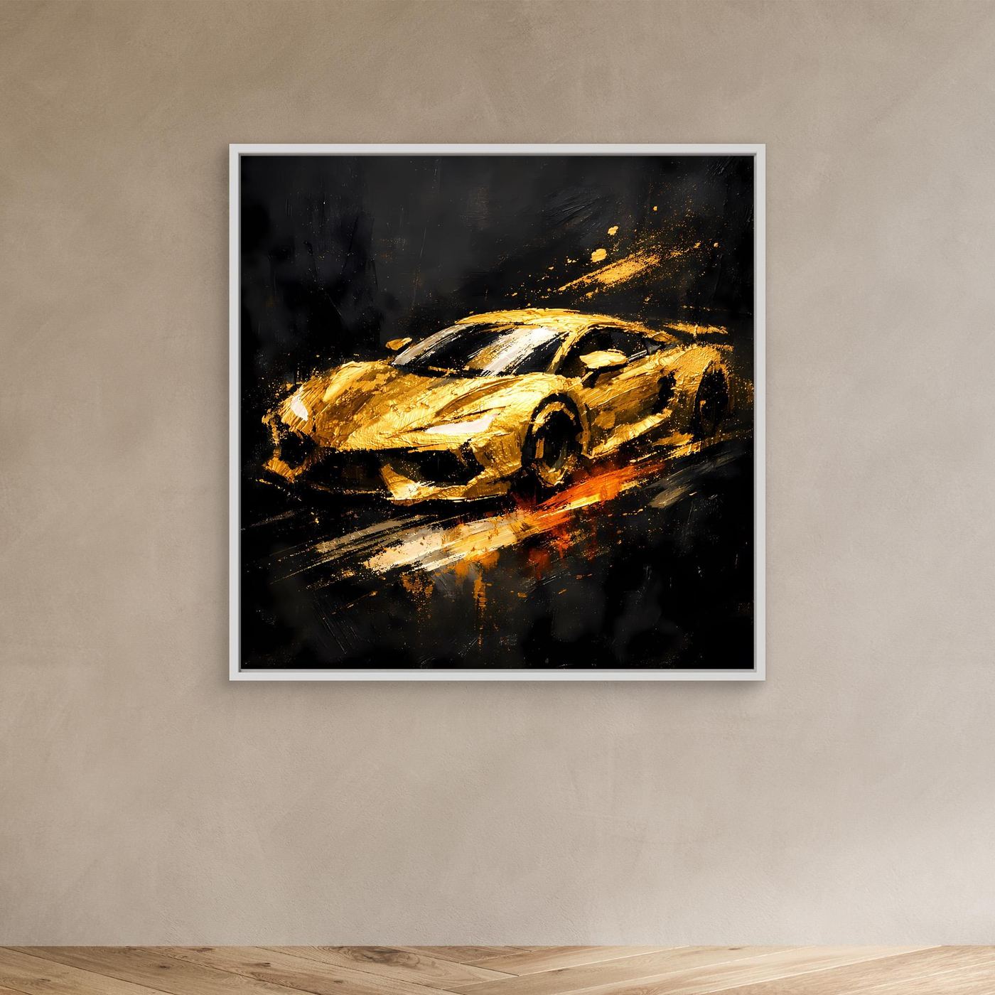 Leinwand Goldener Sportwagen Abstrakt | Modernes Rennwagen Wandbild Schwarz Gold