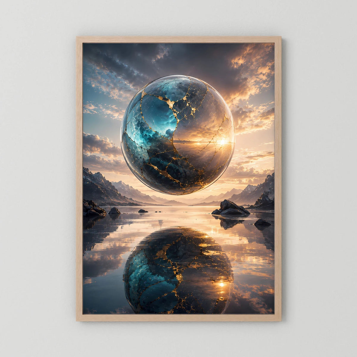 Hochformat-Poster mit schwebender Erdkugel in Blau und Gold, Spiegelung im Wasser, Holzrahmen hell