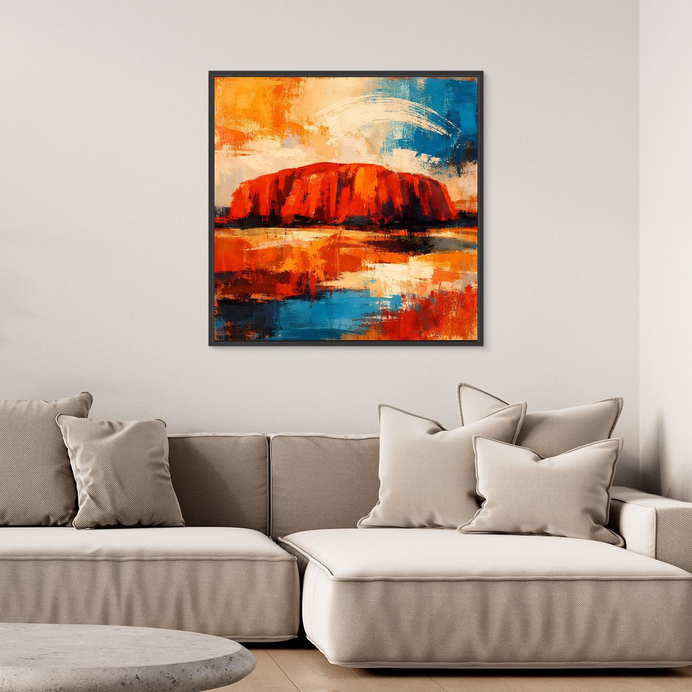 Abstraktes Leinwand-Wandbild: roter Felsen, orange/rote Pinselstruktur, dunkel gerahmt
