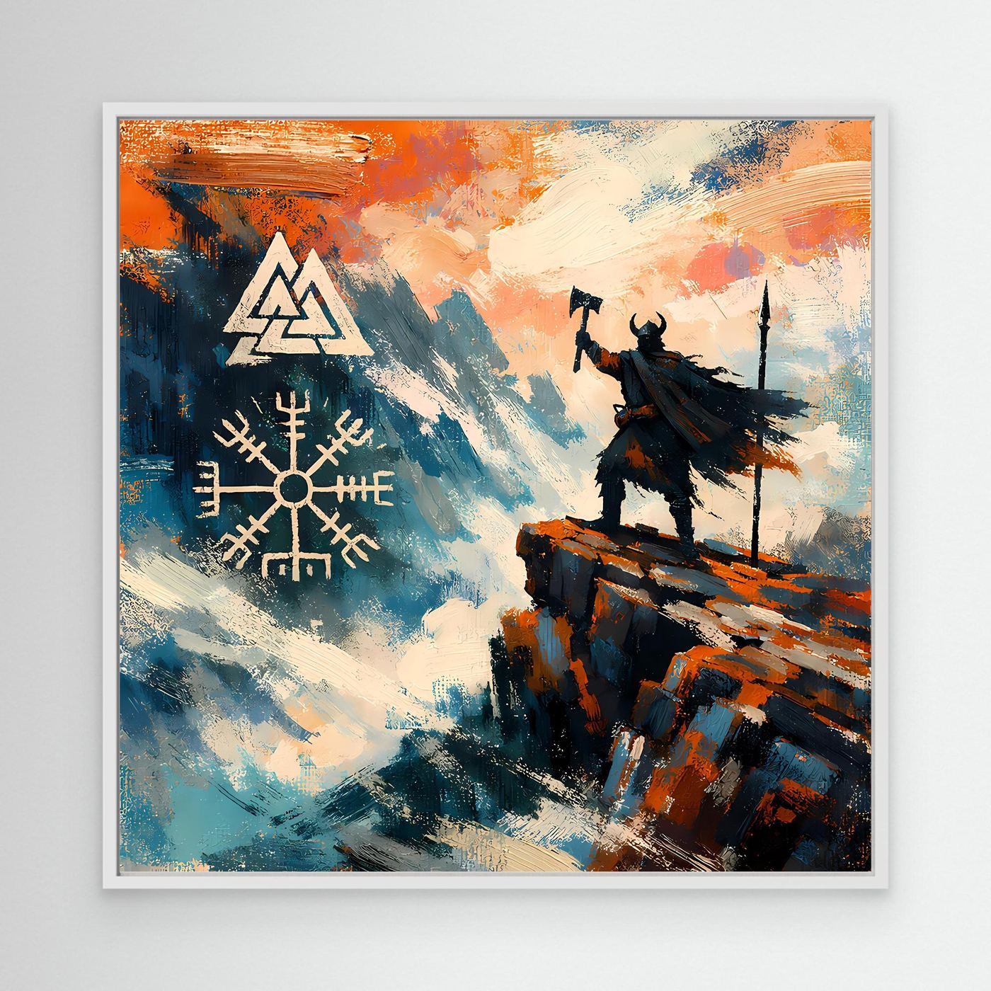 Leinwand-Wandbild mit Wikingerfigur auf Felsen, Vegvisir-Symbol; weißer Rahmen