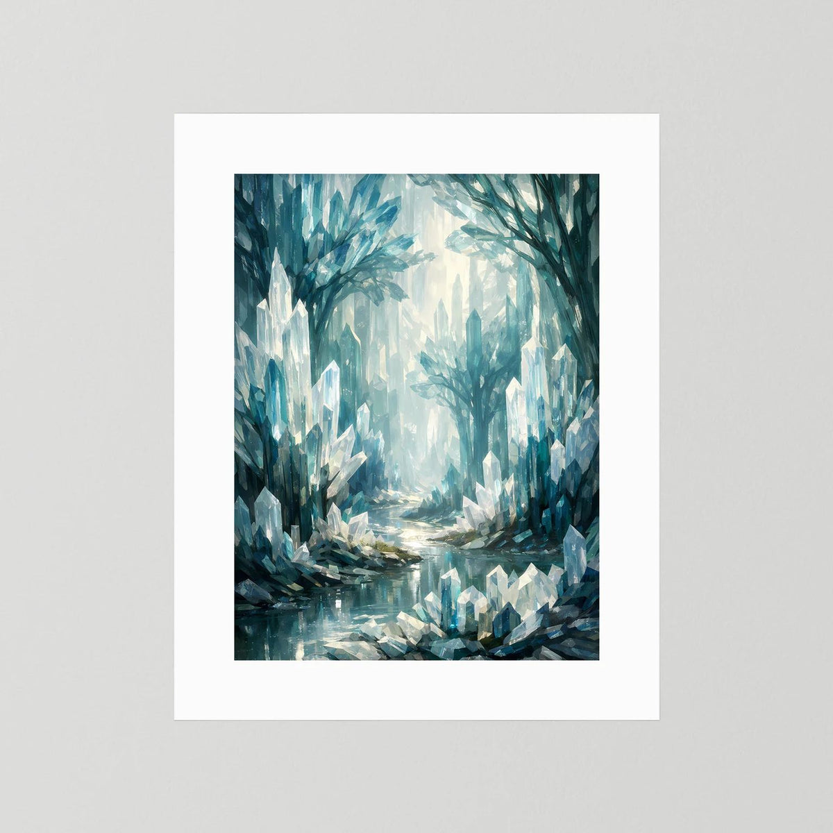 Poster ohne Rahmen: blauer Kristallwald mit kristallinen Bäumen und Wasserlauf