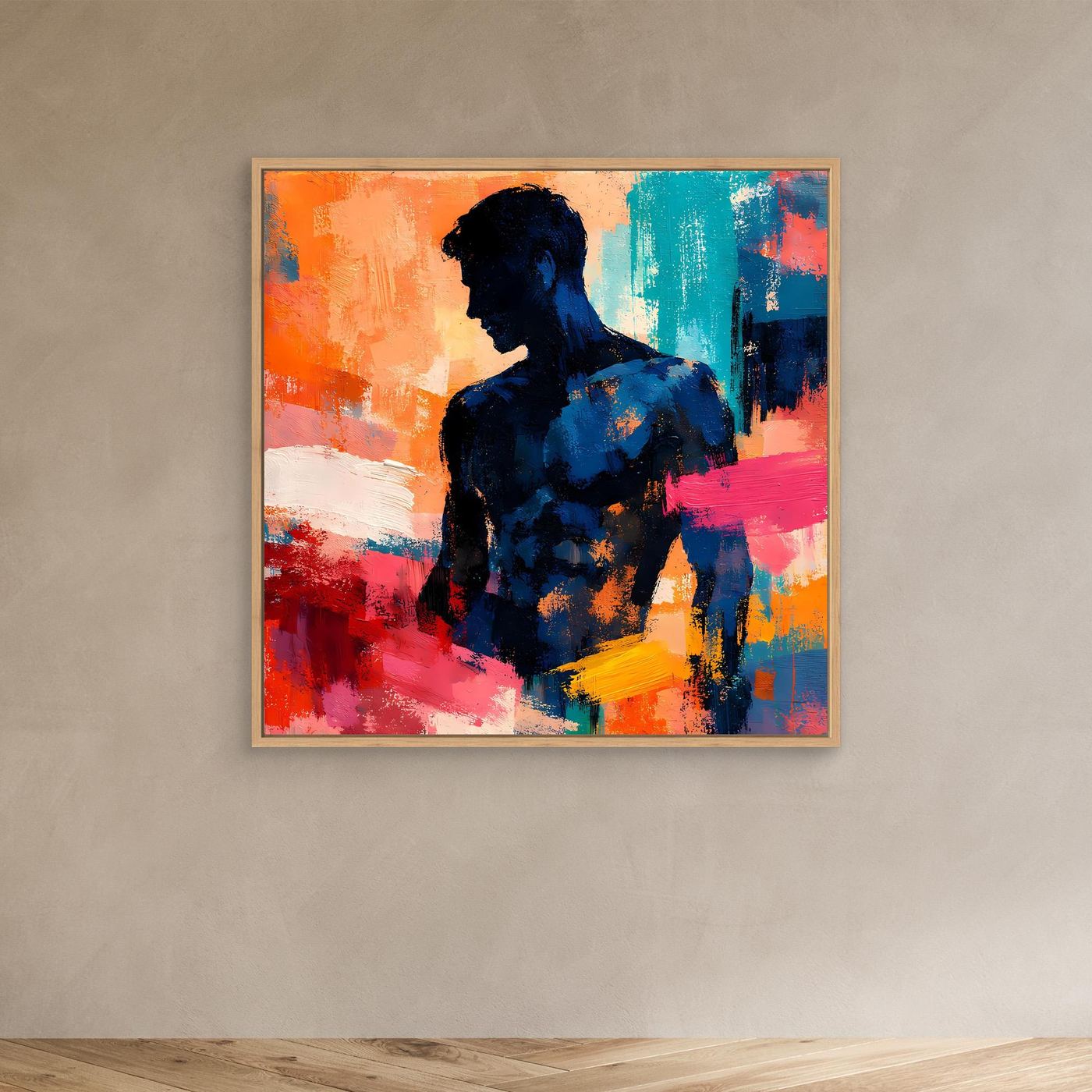 Abstraktes Wandbild mit männlicher Silhouette, gerahmt mit Holzrahmen