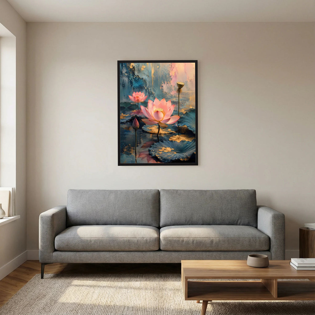 Poster im Hochformat: rosa Lotusblüten auf petrolfarbenem Wasser mit goldenen Reflexen, schwarzer Rahmen