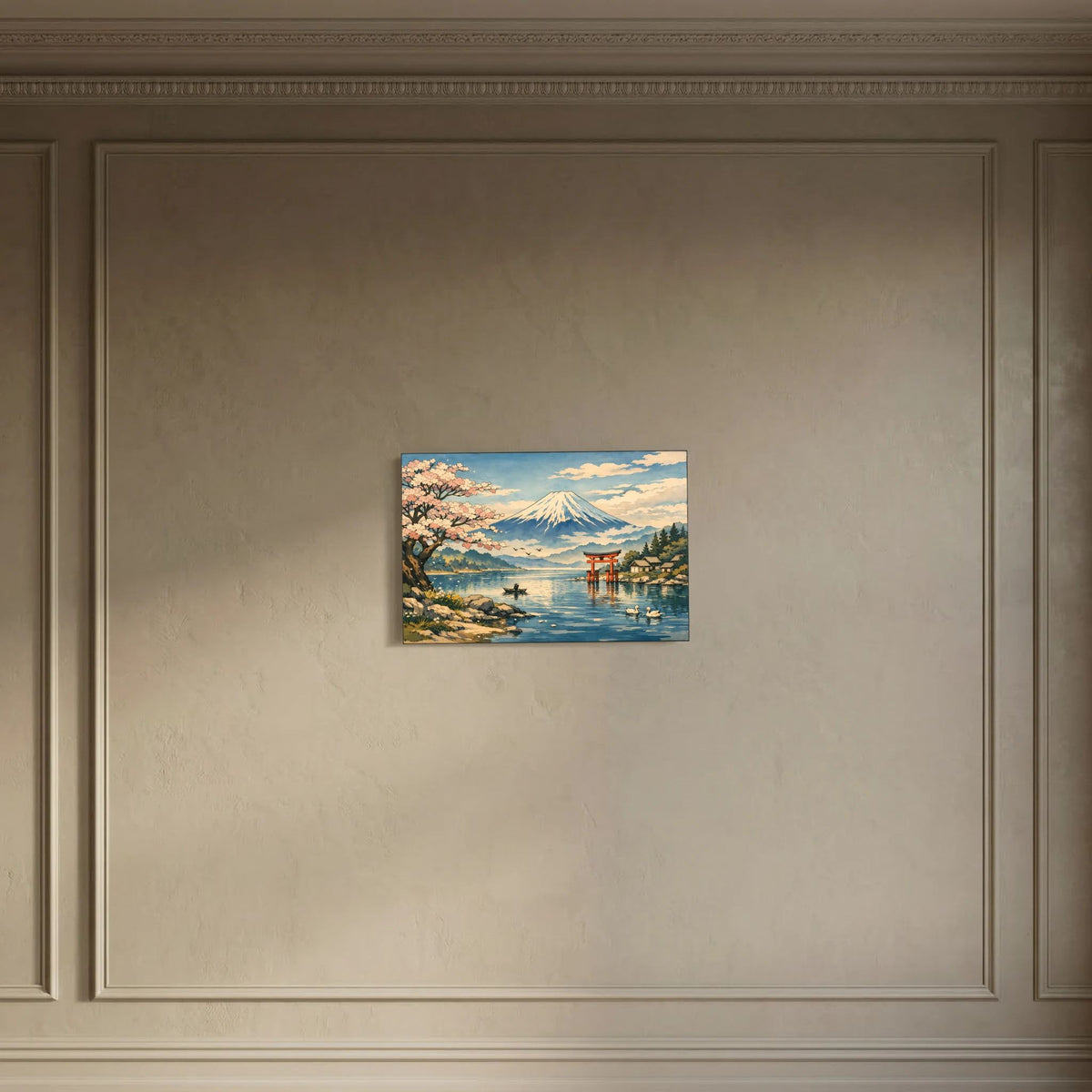 Wandbild im Querformat mit Fuji, Kirschblütenbaum und Torii am See an der Wand