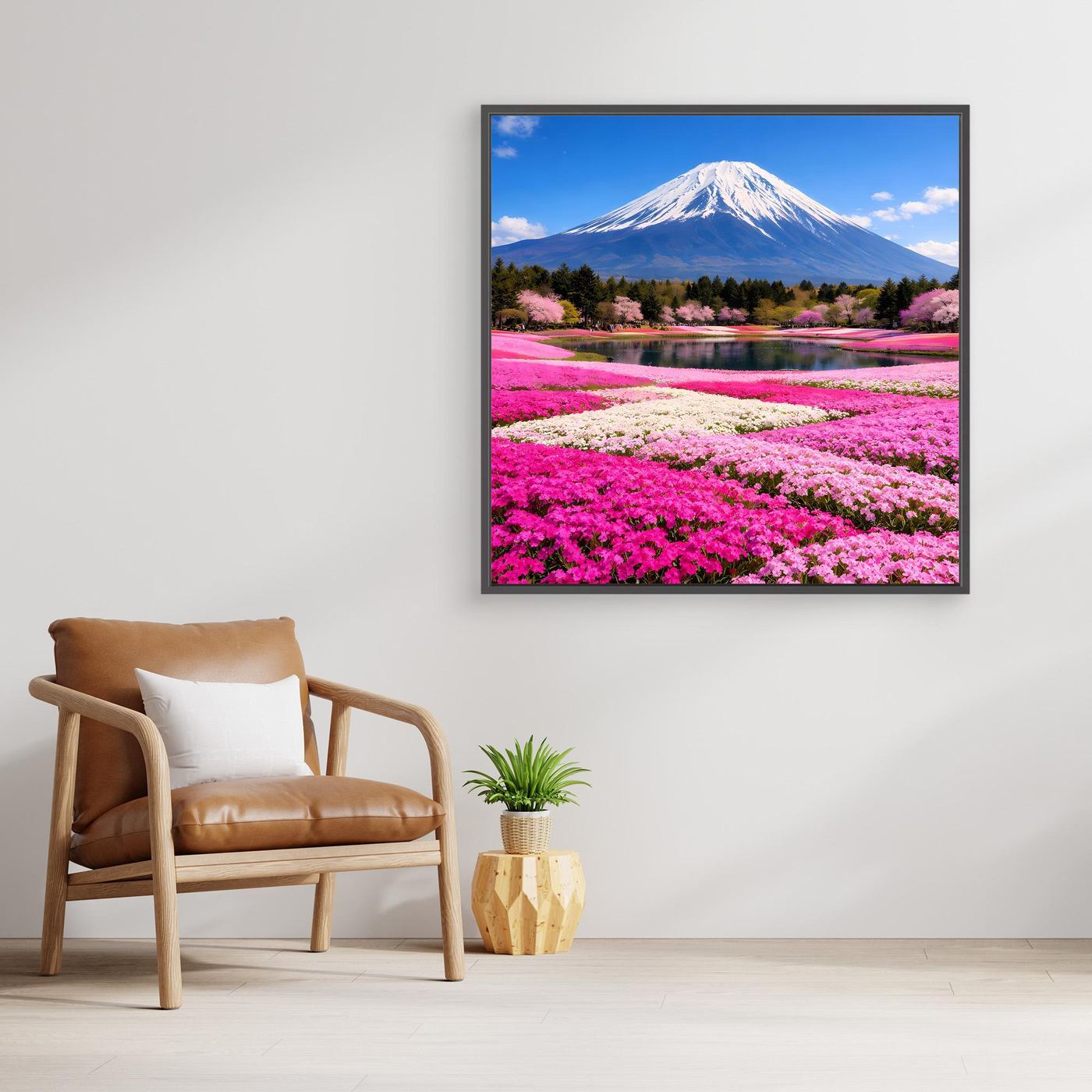 Gerahmtes Leinwandbild mit Fuji-Berg und Kirschblütenlandschaft am Wasser