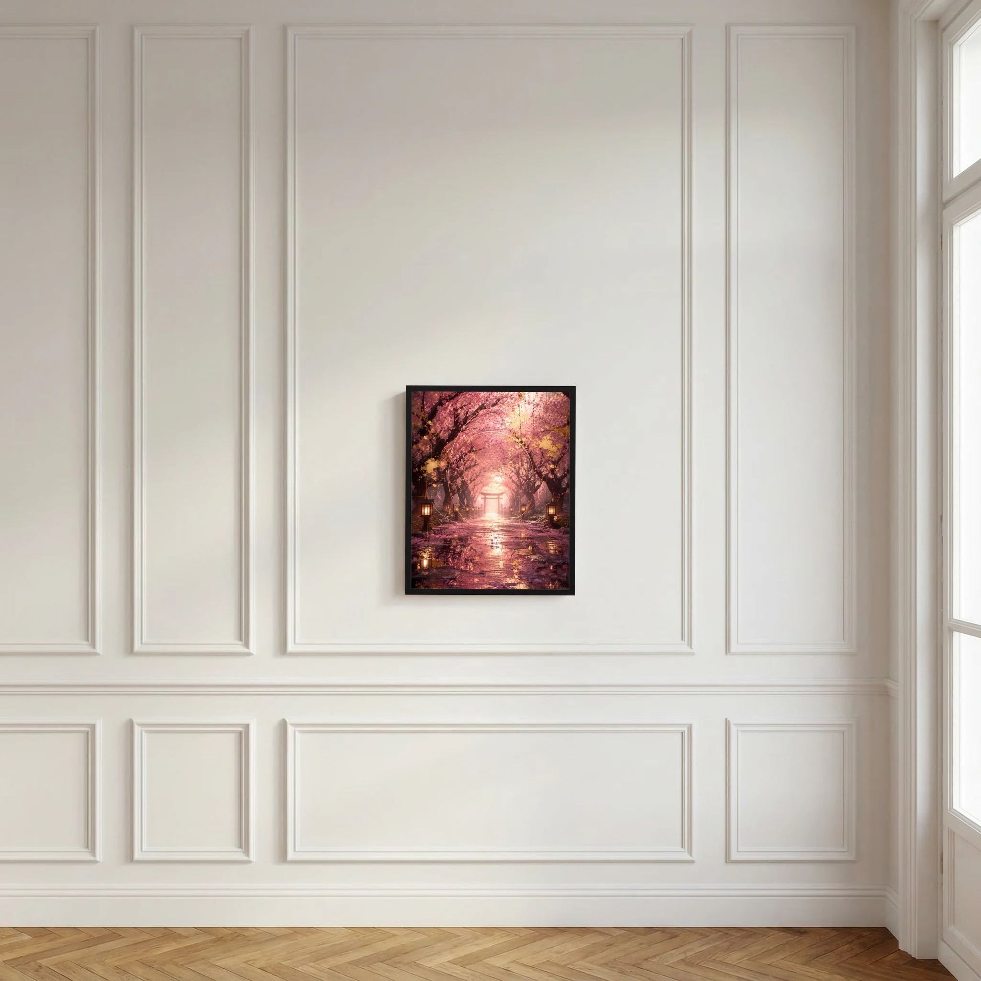 Schwarzer gerahmtes Hochformat-Poster mit Kirschblütenallee, Torii-Tor und Laternen