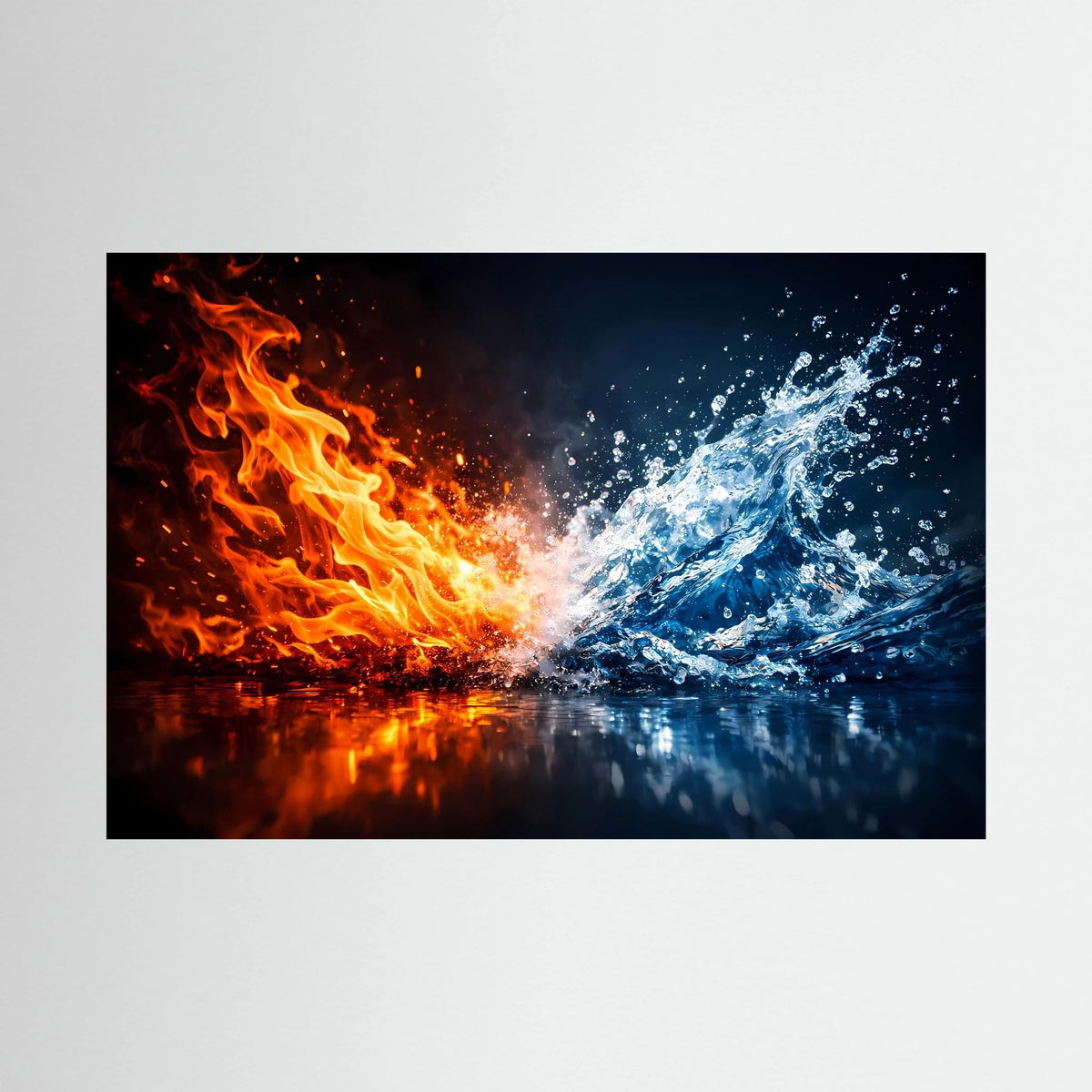 Kunstposter mit kontrastreicher Darstellung von Flammen und Wasser, Querformat