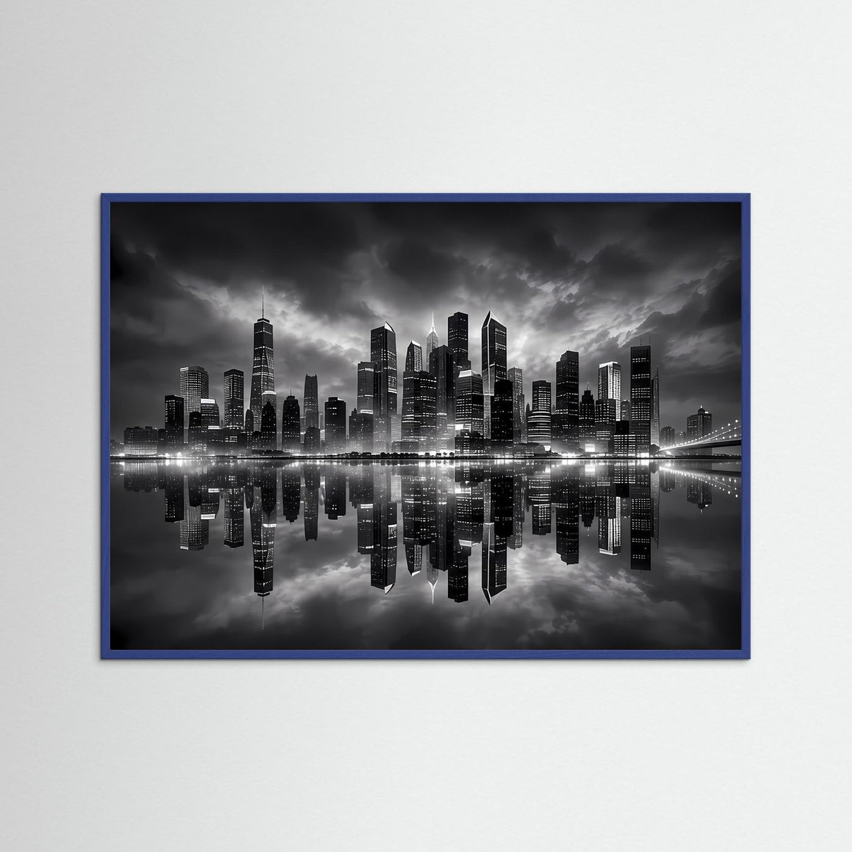Stadtbild-Poster in Schwarzweiß mit Skyline und Spiegelung; blauer Rahmen.