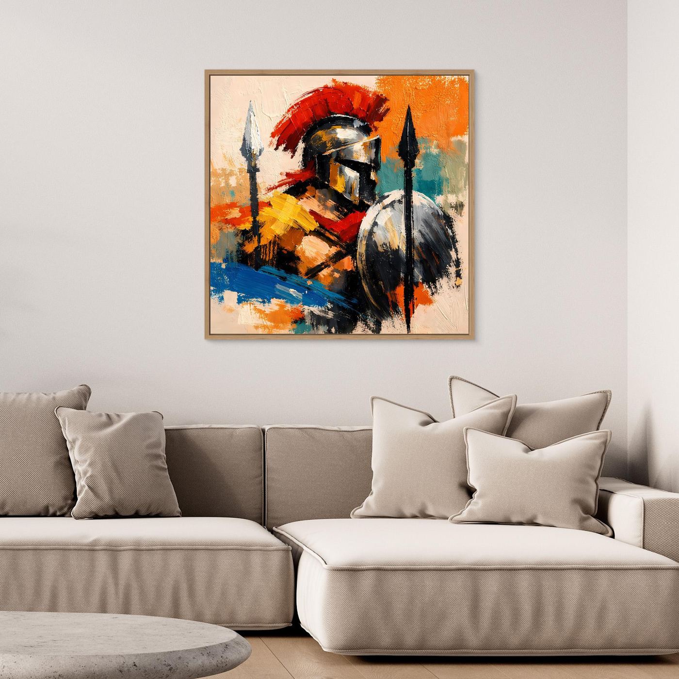 Framed abstract gladiator canvas wall art with helmet, spear, and shield in red, black, blue