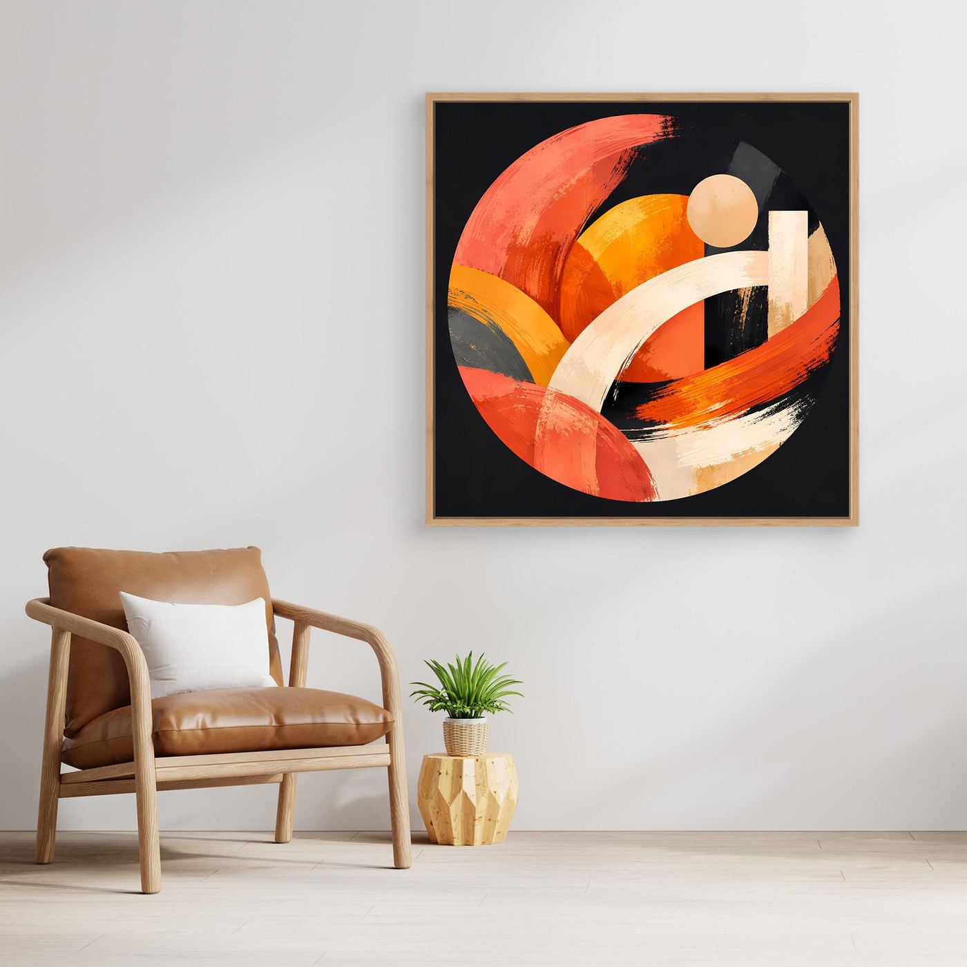 Gerahmtes Leinwandbild mit Kreis-Abstract in Orange und Beige; Holzrahmen, weiße Formen