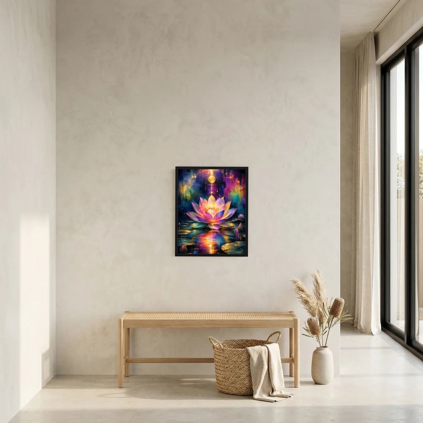 Gerahmtes Lotusblüten-Poster an der Wand: farbenfrohe Blume über Wasser