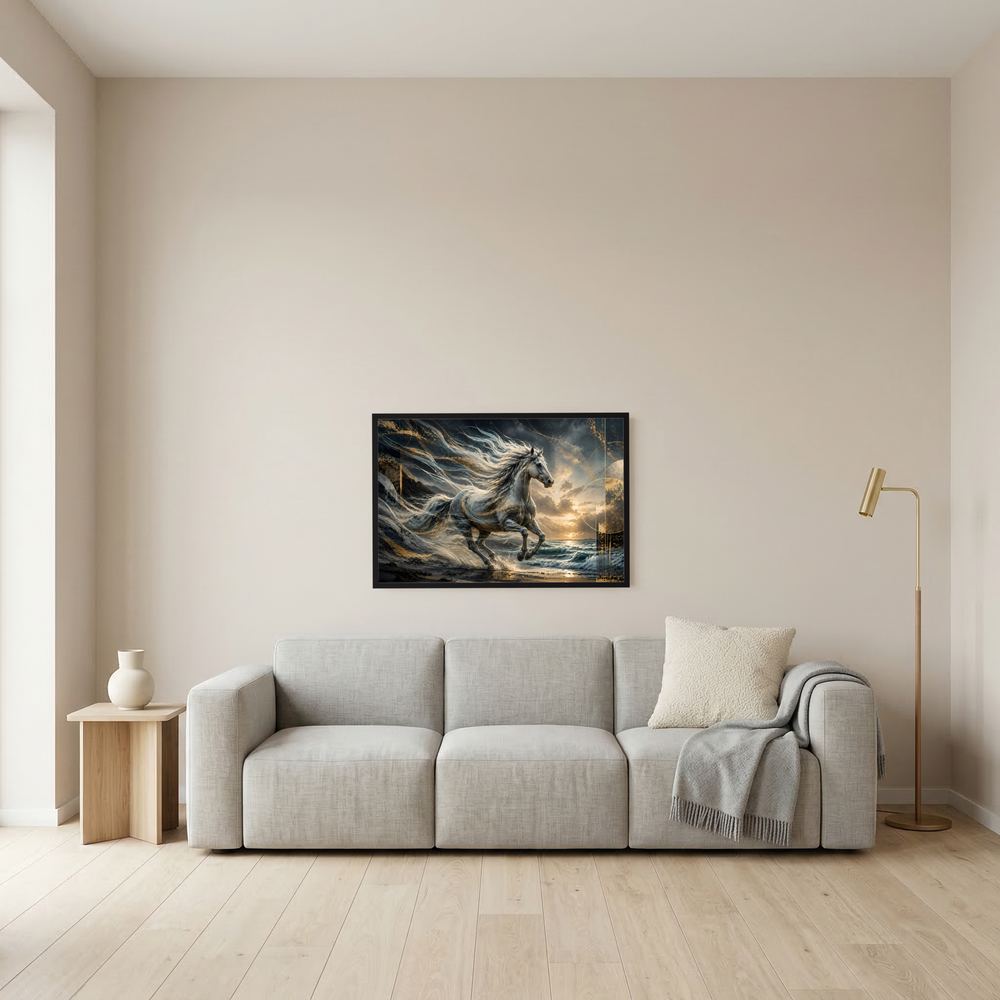 Wandposter mit galoppierendem Pferd, Schwarz-Weiß und Gold, schwarzer Rahmen