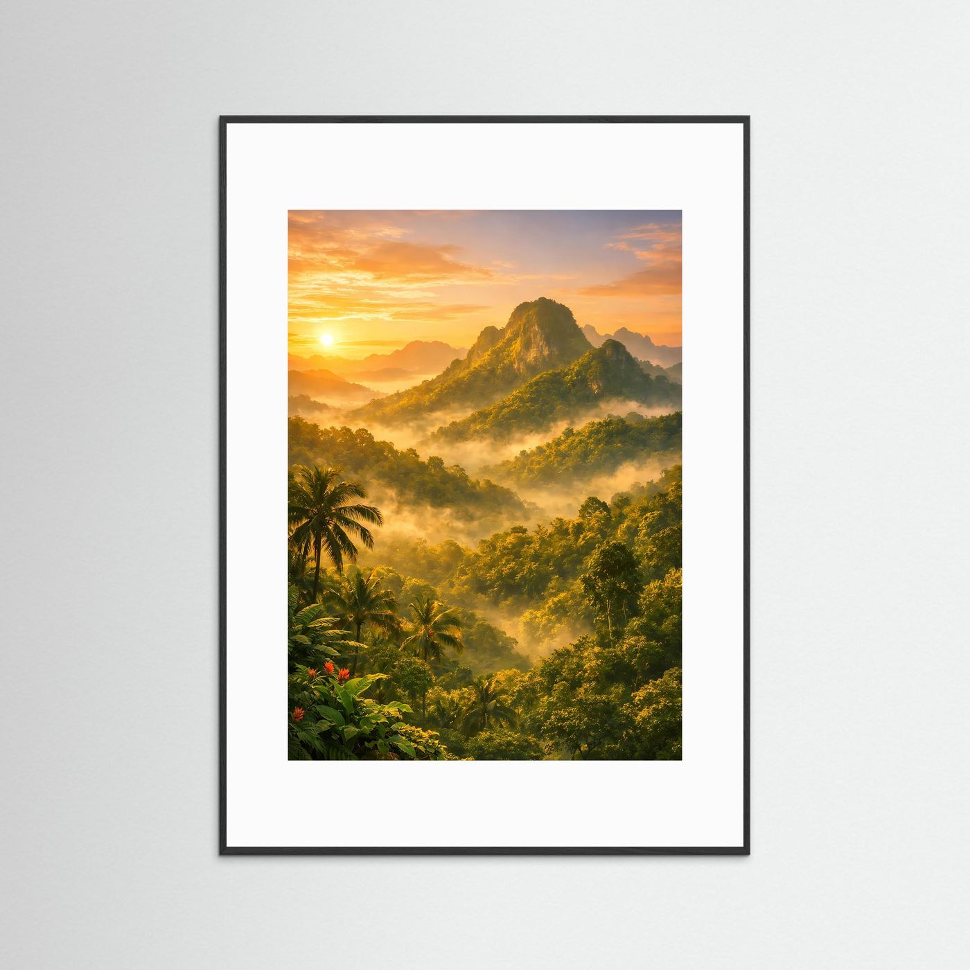 Vertikales Berg-Poster mit Dschungel und goldenem Sonnenaufgang, schwarzer Rahmen mit weißem Rand