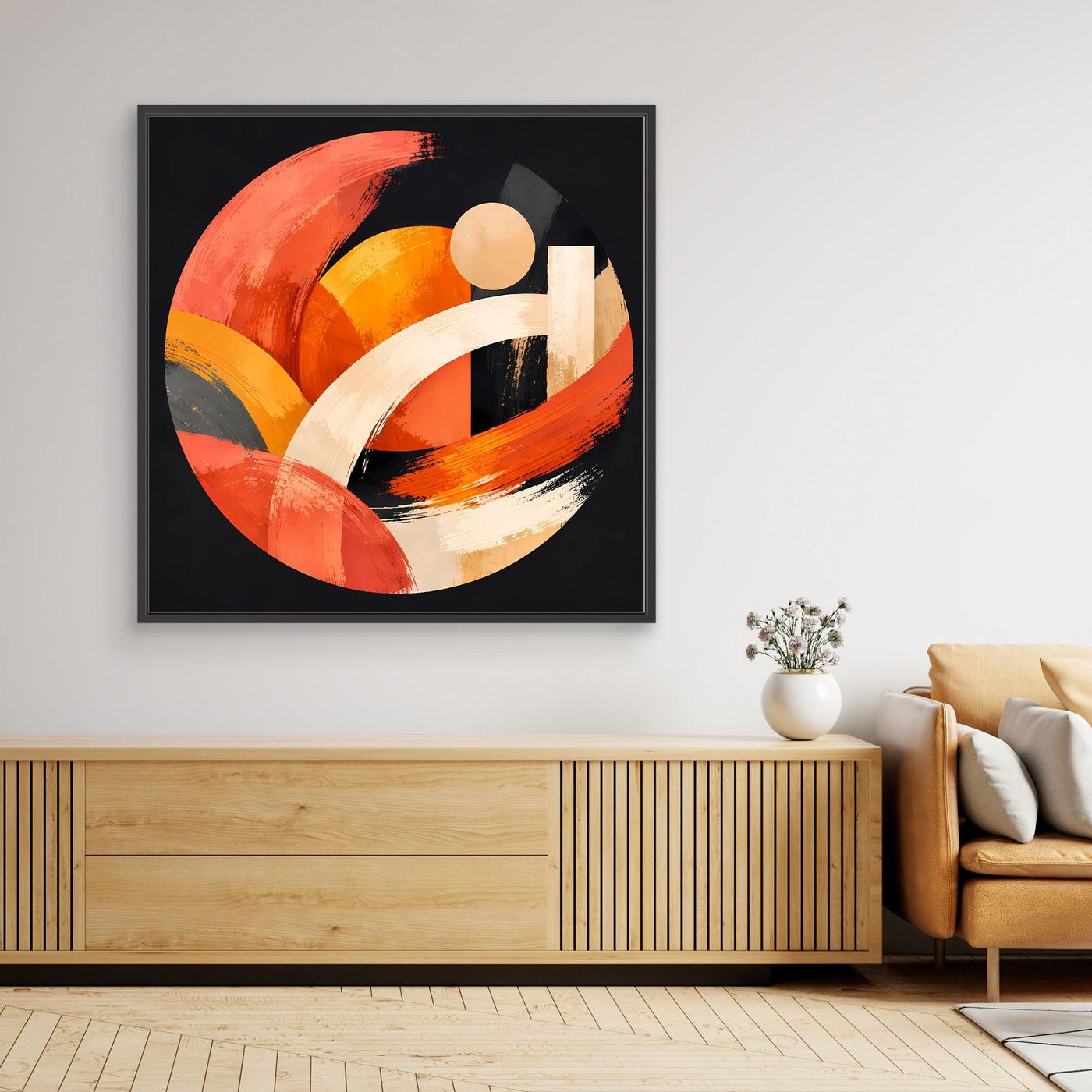 Gerahmtes Leinwandbild mit geometrischem Kreis, abstrakte Formen in Orange/Beige, schwarzer Rahmen