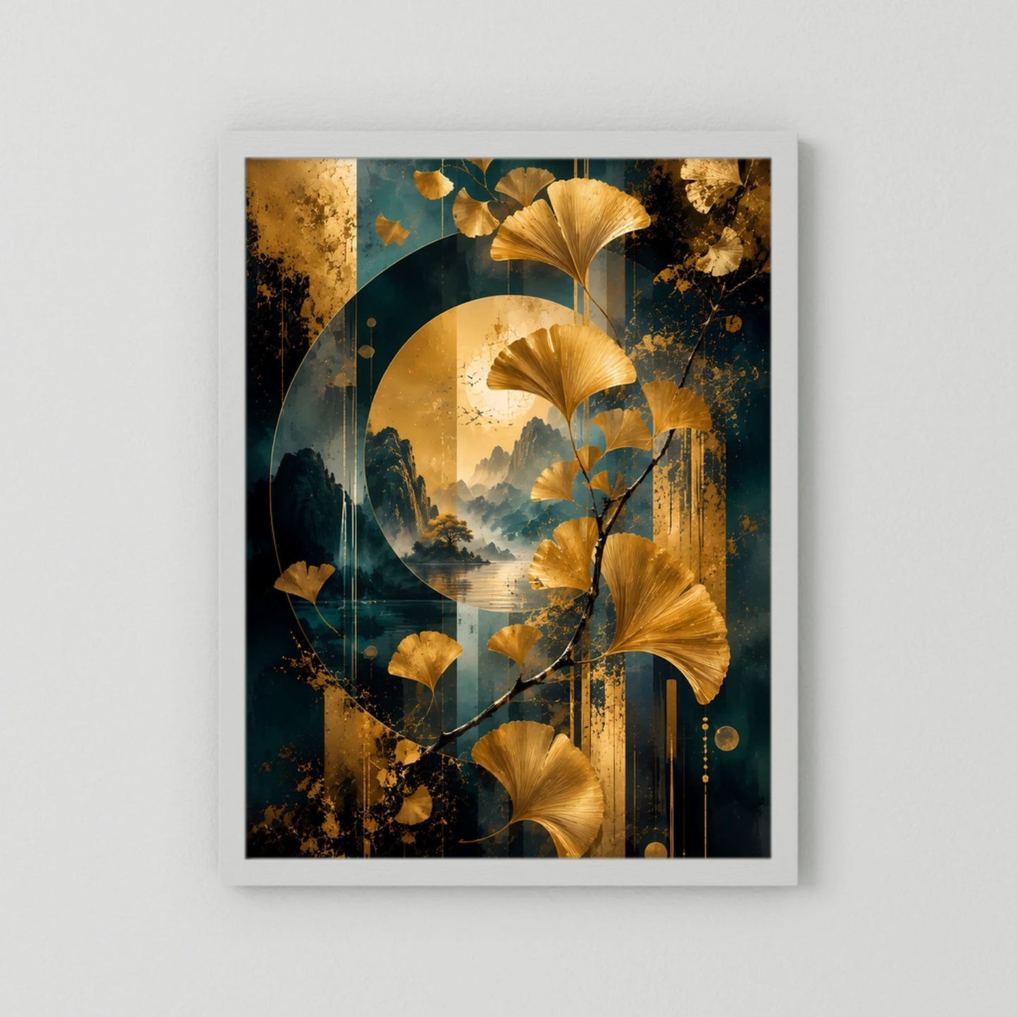 Ginkgo-Poster im Hochformat ohne Rahmen, goldene Ginkgo-Blätter auf Petrol und Gold