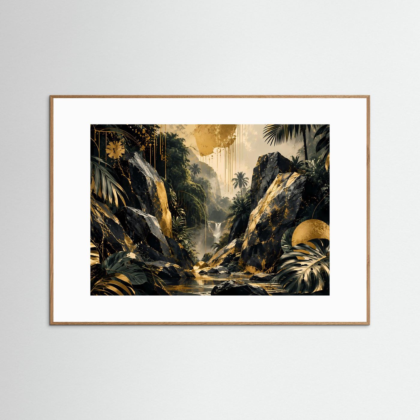 Poster Querformat Tropen-Dschungel-Wasserfall in Schwarz-Gold, naturfarbener Rahmen, weißes Passepartout
