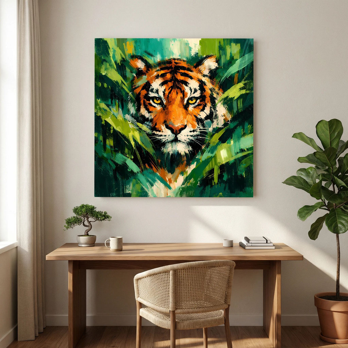 Leinwand Abstraktes Tiger Gemälde | Modernes Wandbild Raubkatze Dschungel Grün Orange