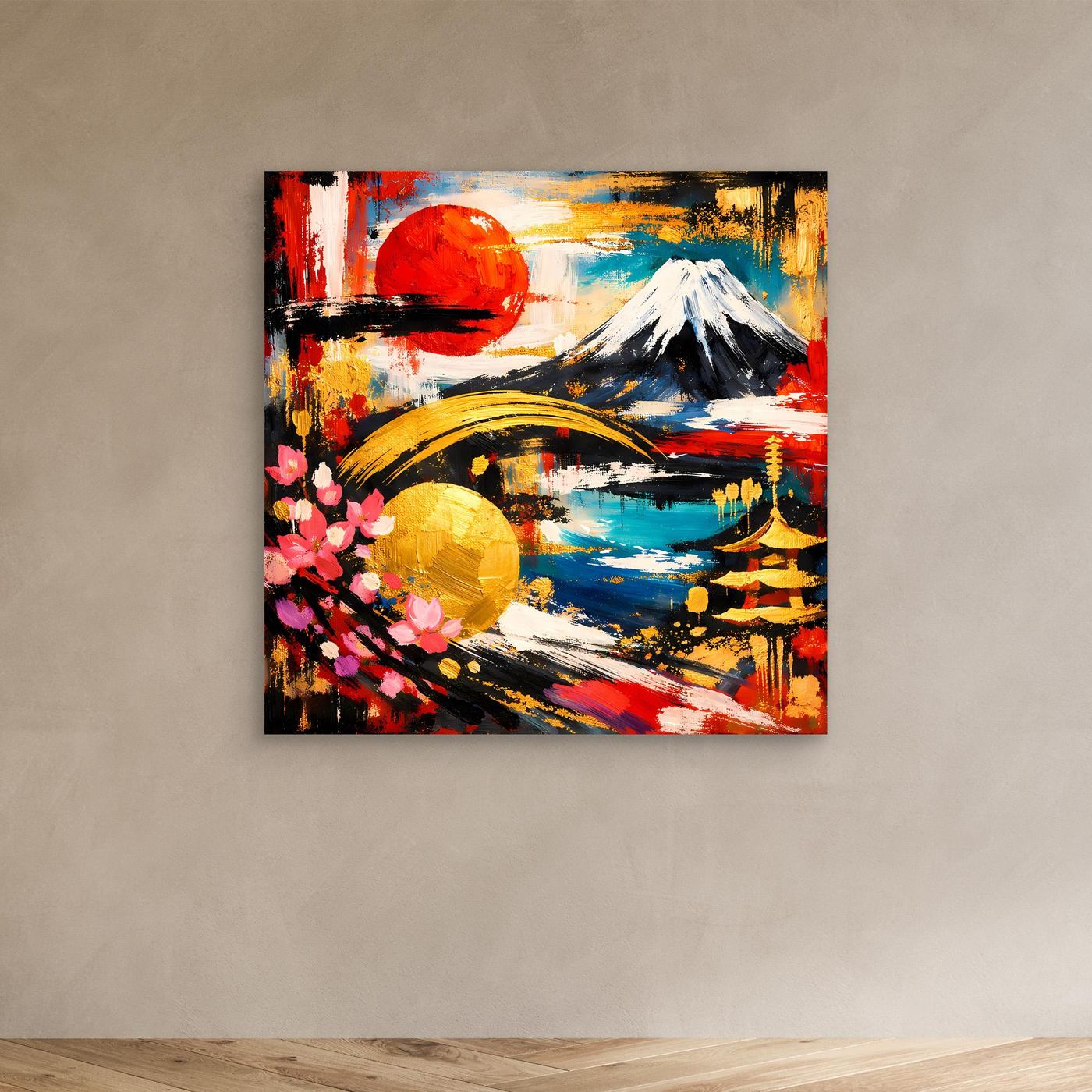 Leinwandbild mit abstraktem Fuji, roter Sonne, Kirschenblüten und Teich in Blau-Gelb